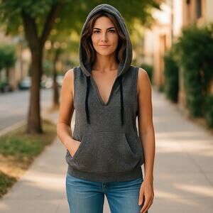 Soft Knit Sleeveless Hoodie XL Front Pocket Black Variegated Boho Punk Retro